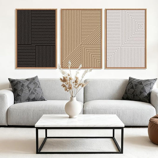 HLNIUC Large Black and White Neutral Wall Art 3 Piece, Boho Abstract Canvas Wall Decor, Minimalist Geometric Line Painting, Mid Century Modern Art Print for Living Room, Bedroom, Office 16x24 In