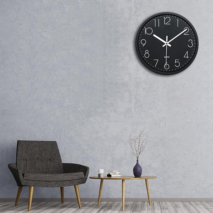 Plumeet Wall Clock, 12'' Bedroom Wall Clocks Battery Operated, Silent Quartz Clock Decorate Kitchen Living Room, 3D Numbers Display Easy to Read, Black