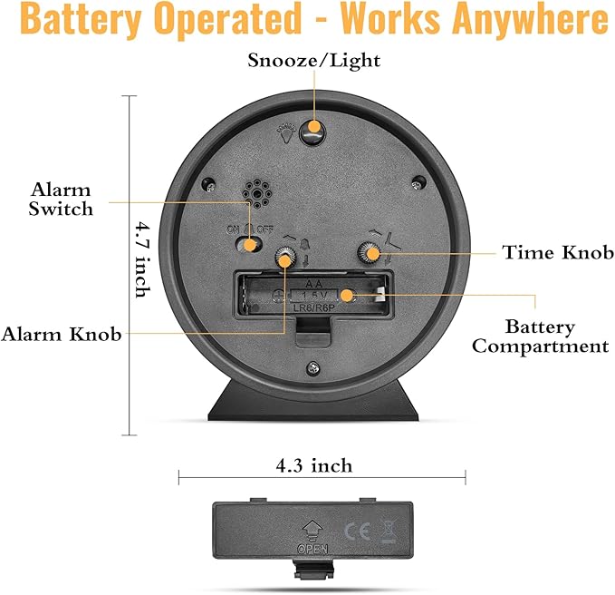 4.5 Inch Small Silent Analog Alarm Clock, Retro Battery Operated Desk Clock with Night Light Stays On 4 Seconds Vintage Metal Table Clock for Bedside, Nightstand, Bedroom, Office, Bathroom - Black