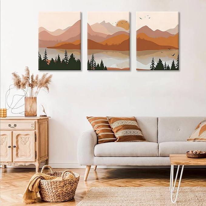 Bwodke Canvas Wall Art Boho Mountain Framed Wall Art Set of 3 Watercolor Nature Landscape Picture Decor Sun Forest Prints Artwork for Living Room Bedroom Office 12"x16"