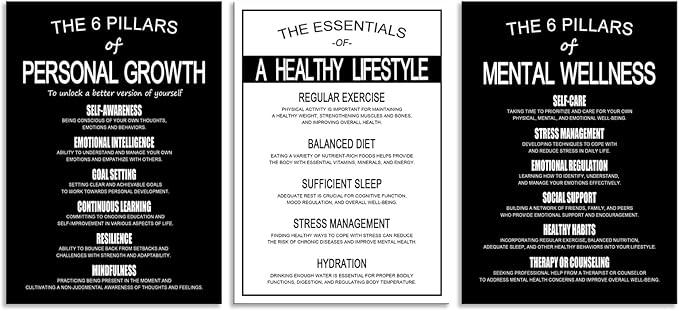 Personal Growth, Mental Wellness & Healthy Lifestyle Posters - 3 Pack Inspirational Wall Art - Motivational Black & White Prints for Office, Home & Gym - Self Care & Mental Health Decor [60''Wx 28''H]