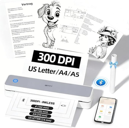 iDPRT Portable-Printer Wireless for Travel,300DPI Inkless Thermal Small Printers for Home Use,Office,Vehicles,Mobile Bluetooth Printer Supports 8.5" x 11" US Letter,for Smartphone & PC,White Gray