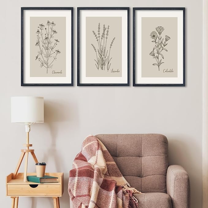 TQianJiang Set Of 3 Framed Vintage Botanical Prints Wall Art 16"×11" Wildflower Pictures Wall Decor for Bedroom Bathroom Living Room Minimalist Line Drawing Neutral Tones Wall Hanging (Black)