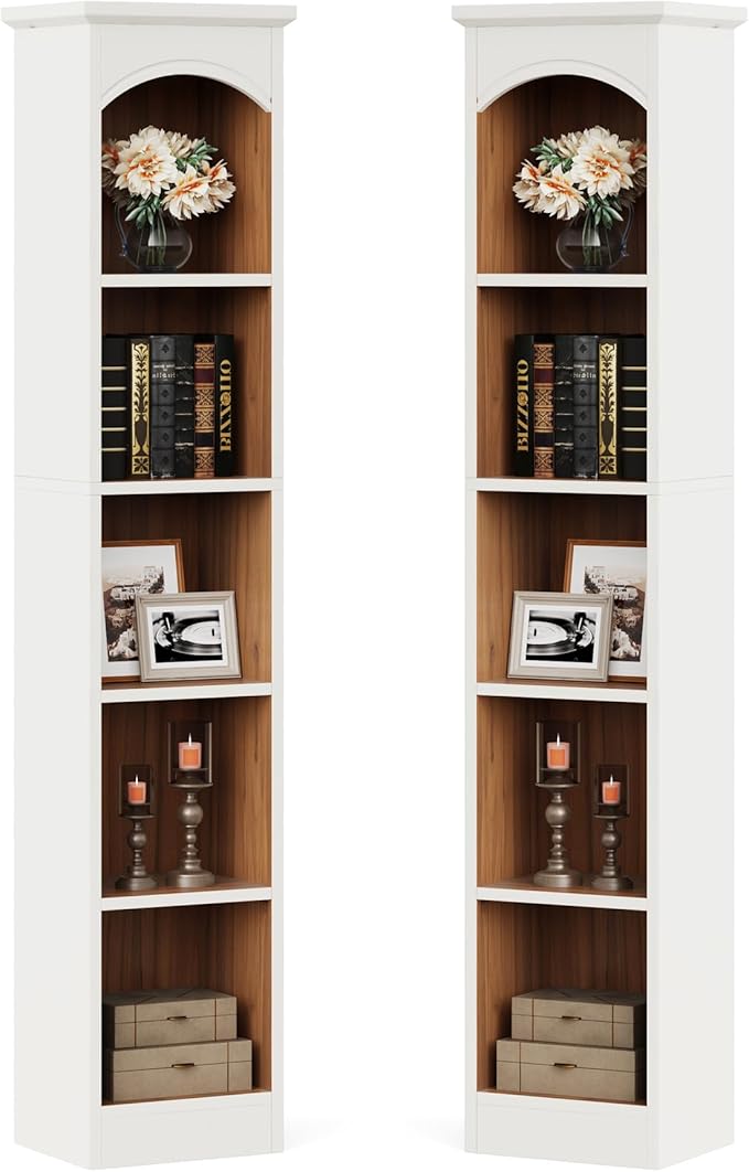Tribesigns 70.9-Inch Tall Narrow Bookcase Set of 2, 5-Tier Cube Bookshelf with Storage, Modern Slim Corner Display Shelves for Home Office, Living Room, White & Oak