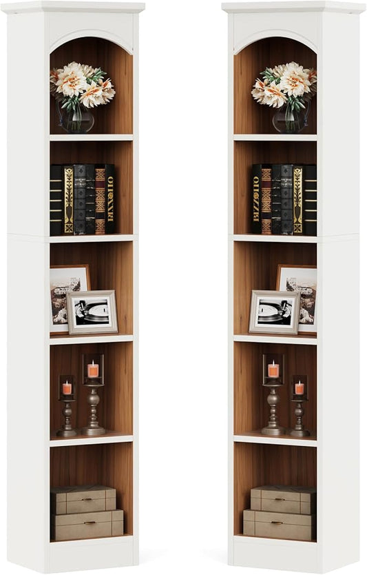 Tribesigns 70.9-Inch Tall Narrow Bookcase Set of 2, 5-Tier Cube Bookshelf with Storage, Modern Slim Corner Display Shelves for Home Office, Living Room, White & Oak