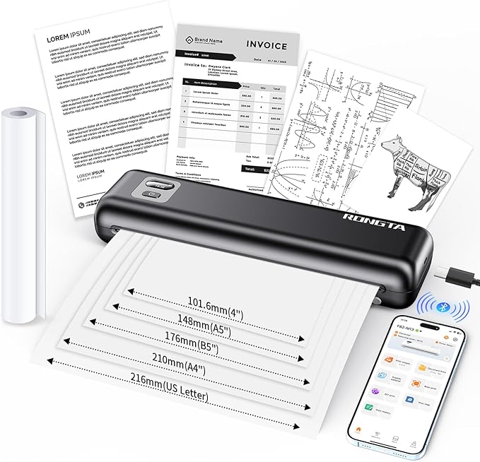 Rongta Portable Printer Wireless for Travel, Thermal Inkless Printers for 8.5"*11" US Letter, Compatible with Android iOS Smartphone, Mac Windows Laptop for Office, Home, Travel (Black)