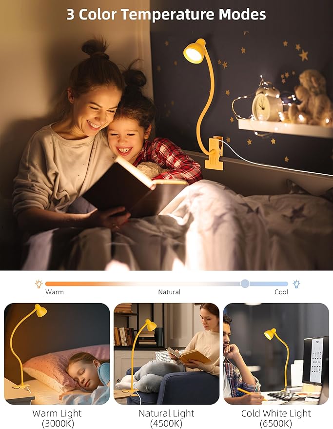 Clip on Reading Light for Bed 3 Color Modes, 10 Brightness Dimmable, Flexible Gooseneck Clip on Lamp, Eye Care Clip Light for Bed Headboard Desk Home Dorm, Yellow