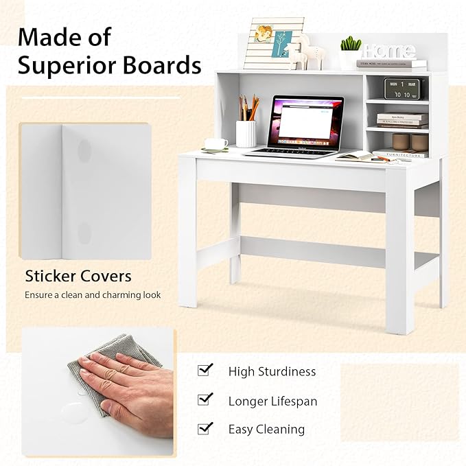 Giantex White Desk with Hutch, Home Office Desk with Bookshelf, Computer Workstation PC Laptop Table with Anti-Toppling Device & Cable Hole, Modern Study Writing Desk for Small Spaces, Bedroom