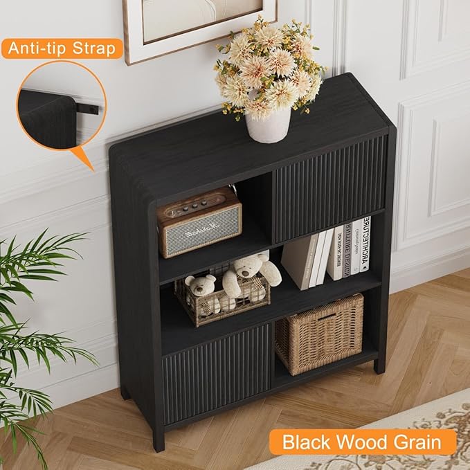 FATORRI Small Bookshelf with Storage, Wooden Cube Bookcase with Doors, Cube Storage Organizer for Home Office, Bedrooom, Living Room (Black)