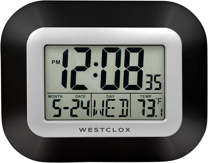 Westclox Large Digital Wall Clock Battery Operated with Temperature Date and Day of Week with Alarm | Modern Digital Desk Clock for Office Kitchen Bedroom or Living Room | Black