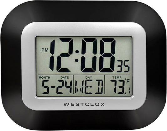 Westclox Large Digital Wall Clock Battery Operated with Temperature Date and Day of Week with Alarm | Modern Digital Desk Clock for Office Kitchen Bedroom or Living Room | Black