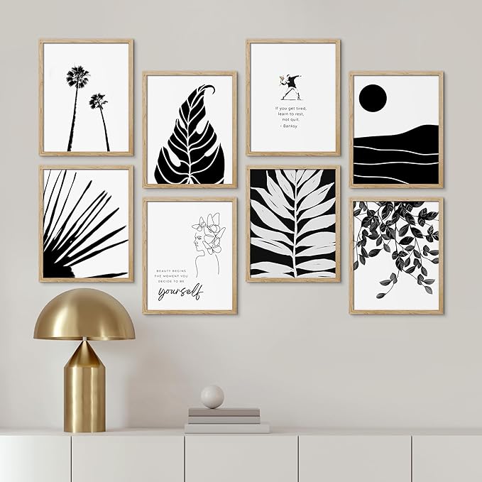 SIGNWIN Framed Poster Bathroom Decor, Wall Art Room Decor Multicolor for Living Room, Bedroom, Office Black White Duotone Tropical Palm Landscape Nature Abstract Shapes - 8"x10"x 8 Natural