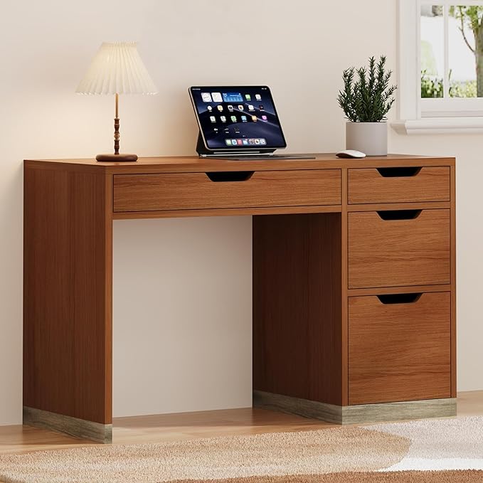 Small Computer Desk with Drawers, 48 Inch Home Office Desk with Storage for Bedroom, Wood Study Desk for Small Space, Writing, Brown