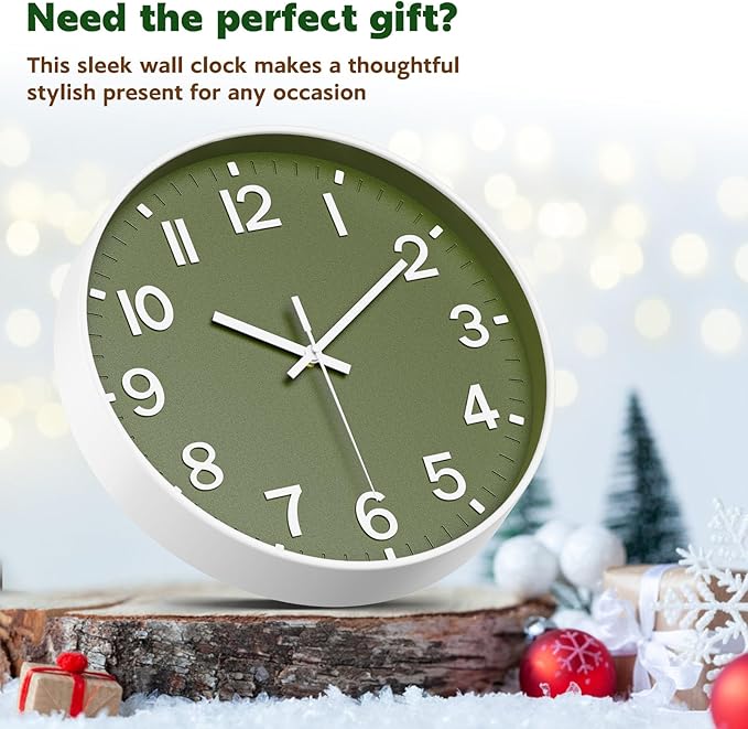 Silent Wall Clock Non-Ticking Battery Operated – Modern Olive Green Analog Wall Clock for Living Room, Kitchen, Office, Bedroom – Stylish Home Wall Decor Clock, 12 Inch