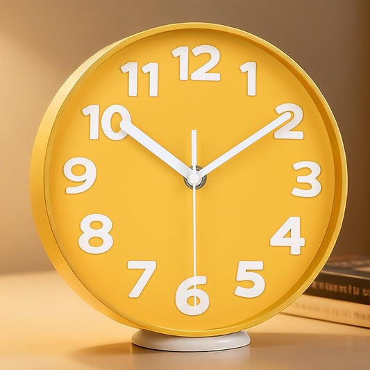45MinST 8-Inch Yellow Modern Wall Clock – Silent Non-Ticking, 3D Large Numbers, Accurate Timekeeping | Decorative Wall & Desk Clock with Stand for Living Room, Bedroom, Kitchen, or Office