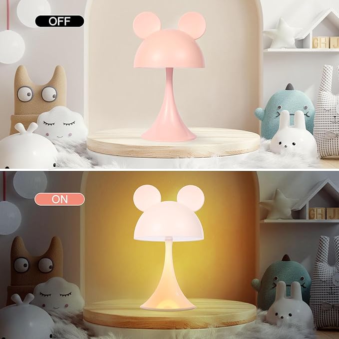 Rechargeable Mouse-Shaped LED Bedside Lamp – Kids Room Night Light with Touch Dimming & 3 Color Temperatures (Pink)