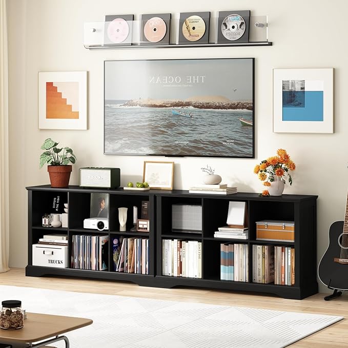 6 Cube Storage Organizer - 47.4" Farmhouse Wood Low Bookshelf, 3 Tier Horizontal Open Shelf Bookcase Cubby Storage Console Cabinet for Living Room, Entryway, Office, Black