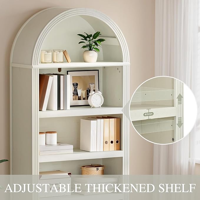 YITAHOME Vintage 68.5" Tall Arched Bookshelf, Tall Bookcase 5 Tiers Arched Bookcase with Storage, White Bookshelf Display Storage Rack with Adjustable Shelves for Living Room, Office, Antique White