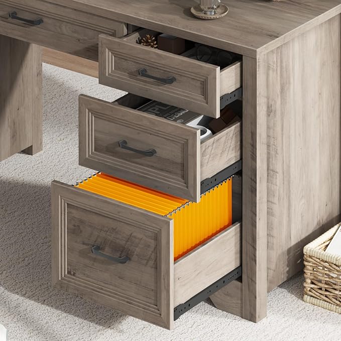 Vabches Farmhouse Executive Desk with Drawers, Home Office Desk with File Drawer, Wood Computer Desk with Ample Storage, Rustic Office Desk with Spacious Tabletop for Work, Grey