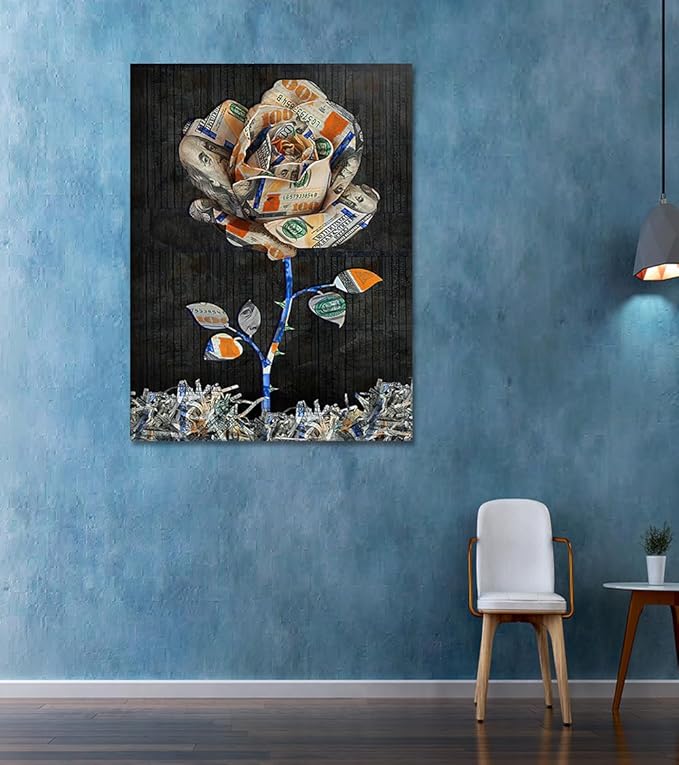 Money Rose Framed Canvas Wall Art Dollar Bill Flower Poster Floral Painting Inspirational Success Home Decor for Living Room Bedroom Man Cave Ready to Hang 24x36 inch