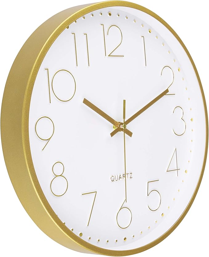 Foxtop Gold Wall Clock 12 Inch Silent Non-Ticking Battery Operated Round Quartz Modern Wall Clock for Office Living Room Kitchen Bedroom Home Decor