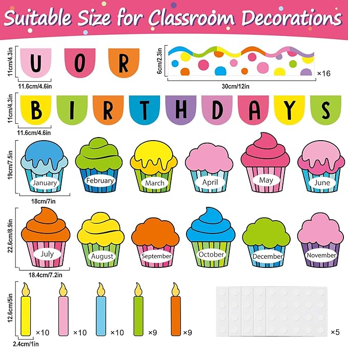 Birthday Bulletin Board Classroom Decorations Colorful Cupcake Cutouts Colorful Candle Name Tags Decoration for Wall Chalkboard Preschool Classroom Decor Teacher Back to School Supplies