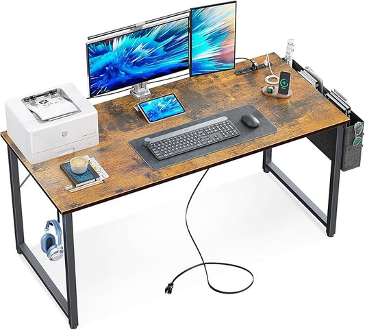 KKL Large Computer Desk with Power Outlets and USB Port Desk for Home Office Gaming Simple Modern Style Writing Desks with Storage Bag Headphone Hook, 55 inch, Rustic Brown