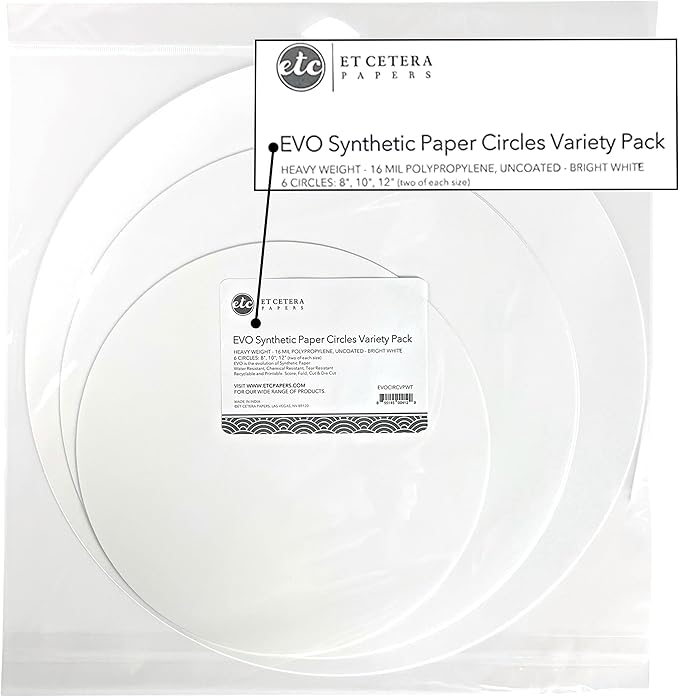 Alcohol Ink Synthetic Paper & Watercolor - Non-Absorbent, Heavy Weight & Tear Resistant - Forgiving - Many Inks Wipe Off Clean for Easy Reuse On White - White EVO Circles Variety Sizes (6 Pack)