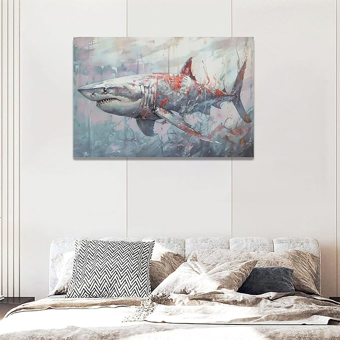 yerretin Ocean Shark Wall Art Nautical Shark Pictures Wall Decor Beach Coastal Undersea Canvas Painting Modern Artwork Home Decorations for Bathroom Bedroom Living Room Office Framed 24"x16"