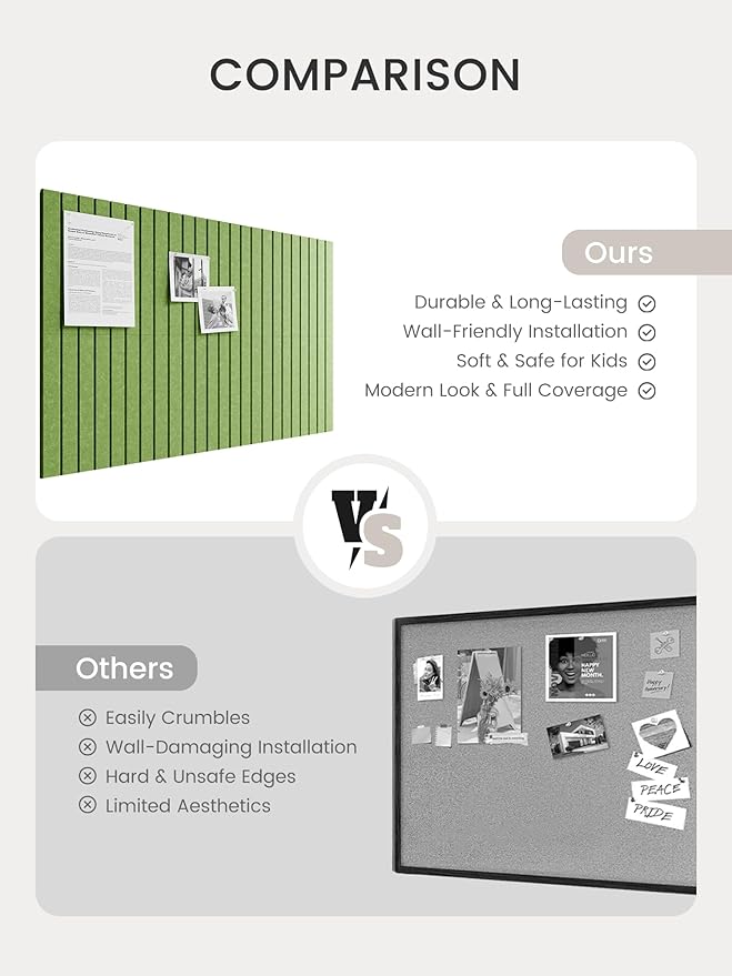 Bumusty Large Cork Board Alternative-36 x 24" Felt Bulletin Board Tiles, with 30 Pushpins, 40 Adhesive Tabs, 6-Pack Slat Wall Paneling, Cork Boards for Office Push Pin Board Felt Board-Kelly Green