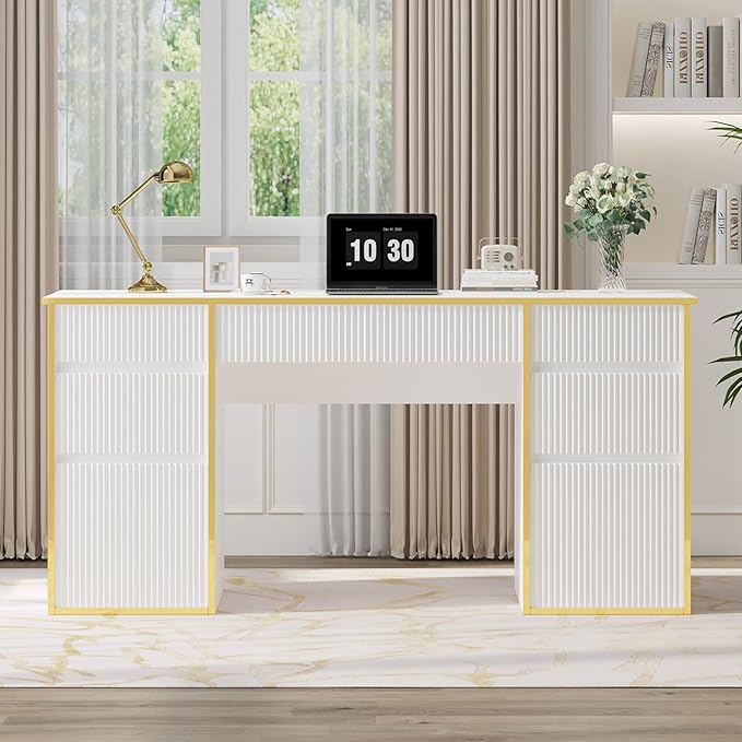 White Computer Desk with Drawers, 58 Inch Home Office Desk with 7 Drawers for Bedroom, Executive Desk with File Drawers for Small Spaces, White and Gold