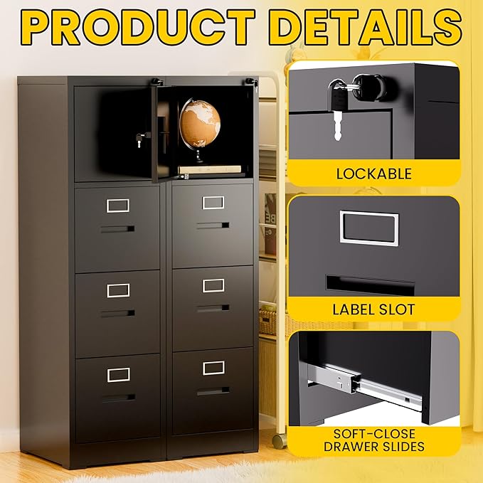 3 Drawer Metal Locking File Cabinet with 1 Door Heavy Duty Lockable Filing Cabinets Home Office Steel File Cabinet Black Vertical File Cabinets for Legal/Letter Size File,Assembly Required