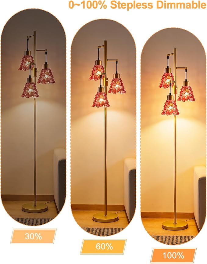Lightdot 65" Glass Floor Lamps for Living Room, 3-Light Dimmable Floor Lamp with Rose Red Glass Shade& E12 Bulbs Included, Mid Century Standing Tall Lamp for Bedroom/Sofa Beside/Corner Decor-Gold