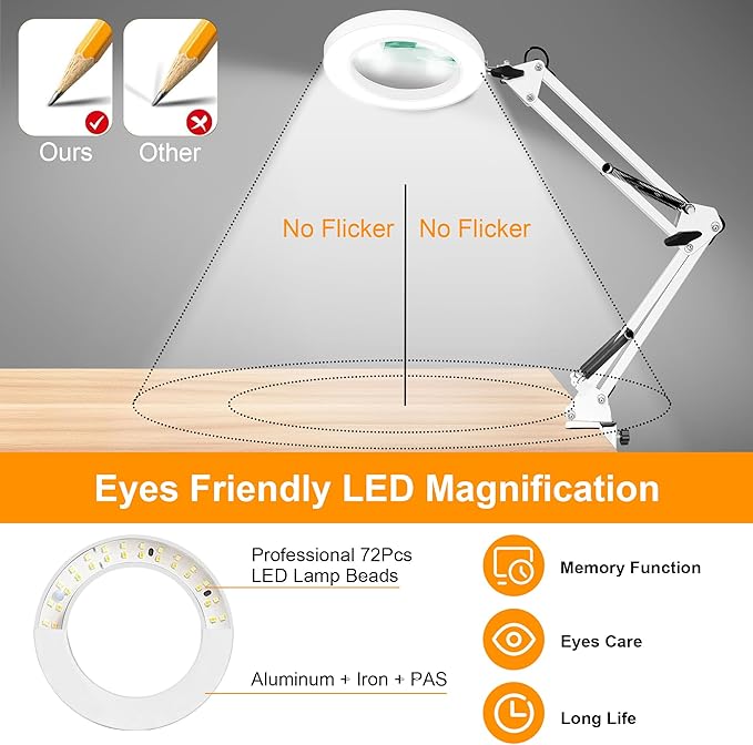 10X Magnifying Glass with Light and Stand, Magnifier with Light Hands Free, 3 Color Modes 10 Level Dimmable, Magnifying Real Glass LED Desk Lamp for Close Work, Repair, Reading, Craft, White