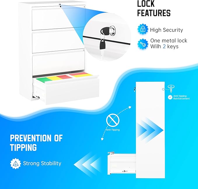 Greenvelly 4 Drawer File Cabinet, Lateral Filing Cabinet for Home Office, White Metal File Cabinet with Lock, Lockable Lateral File Cabinet with Hanging Files&Key for Letter/Legal/F4/A4 (36" W)