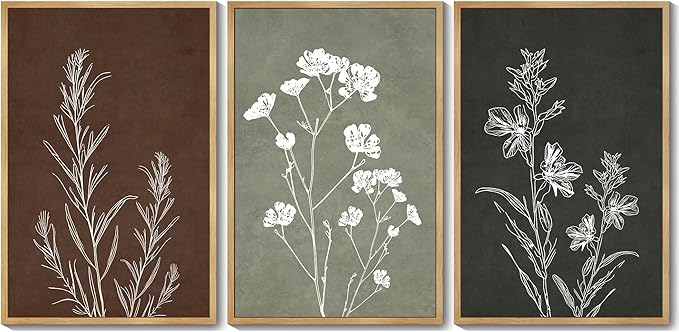 Drsoum Flower Wall Art Vintage Floral Minimalist Wall Hanging Decor Farmhouse Colorful Botanical Prints Artwork for Bedroom Living Room Hallway 24x36in Natural Framed