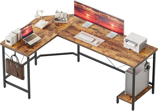 Mericonia 50 inch Large L Shaped Desk, Simple Corner Gaming Desk with CPU Stand & Hooks, Computer Desk for Home, Bedroom & Office Workspace, Rustic Brown