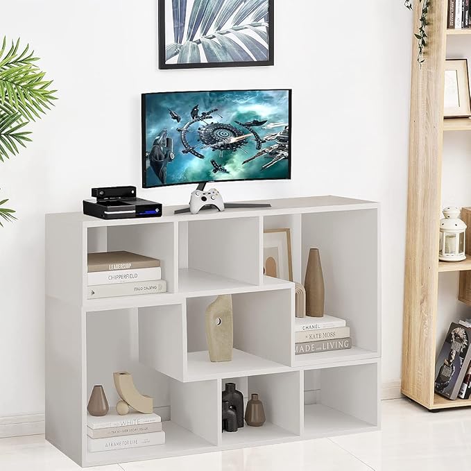 Recaceik Cube Bookshelf 2 Shelf Bookcase L-Shaped TV Console Stand Modern Entertainment Center with Open Storage Shelves for CDs/Movies/Books for Living Room, Bedroom, Home Office (White)