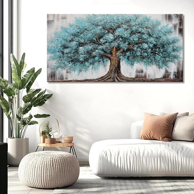 liysawg Wall Art Tree of Life Abstract Modern Artwork Blue Teal Tree Canvas Painting for Bedroom Living Room Office Large Decor 71"x36"