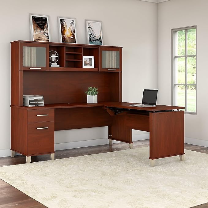 Bush Home Somerset 72W 3 Position Sit to Stand L Shaped Desk with Hutch in Hansen Cherry | Adjustable Height Table for Home Office
