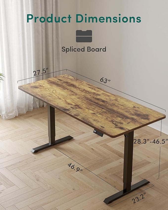 CubiCubi 63 x 28 Large Standing Desk, Height Adjustable Electric Computer Desk, 28" Deep Desktop, Sit Stand up Home Office Workstations with 4 Preset Heights, Rustic Brown