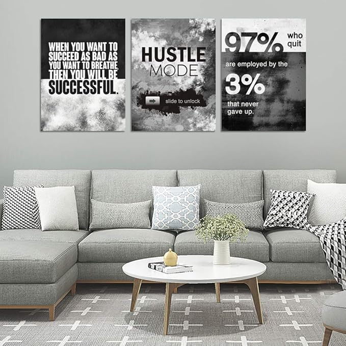 Motivational Office Wall Decor, Inspirational Canvas Wall Art, 3 Pieces Hustle Posters Prints Entrepreneur Success Quote Wall Decor for Lobby Meeting Room Hallway Living Room(60”Wx28”H)
