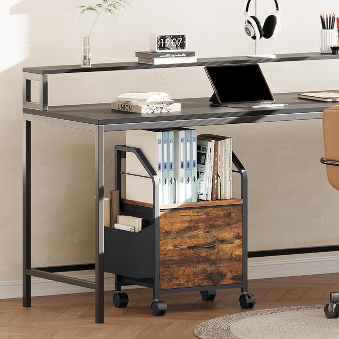 Small File Cabinet, Rolling Filing Cabinet for Under Desk with Divider, Single Non-Woven Fabric Drawer File Organizer for A4/Letter Size Documents, Under Desk Storage, Rustic Brown FCHR3001