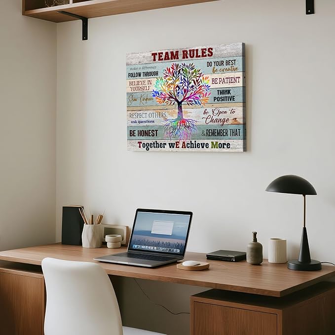 Inspirational Team Rules Wall Art for Office Decor Motivation Positive Quotes Canvas Prints Rustic Farmhouse Teamwork Artwork Framed Painting for Home Workplace 16x12inch Colleagues Coworker Gifts