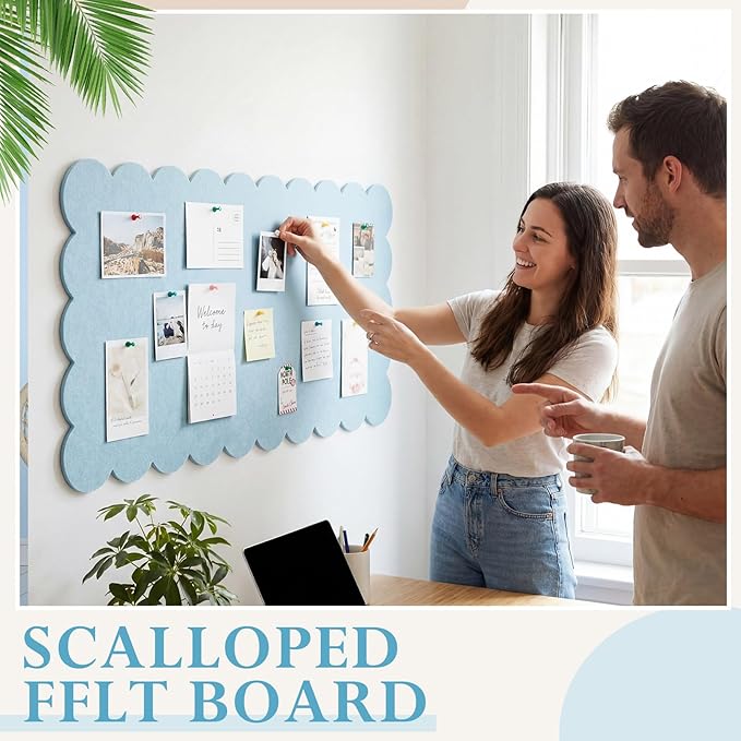 Scalloped Felt Bulletin Board Foldable Pin Cork Board Alternative for Wall Foldable Picture Vision Self Adhesive Bulletin Decorative(Light Blue,36 * 18 Inch)