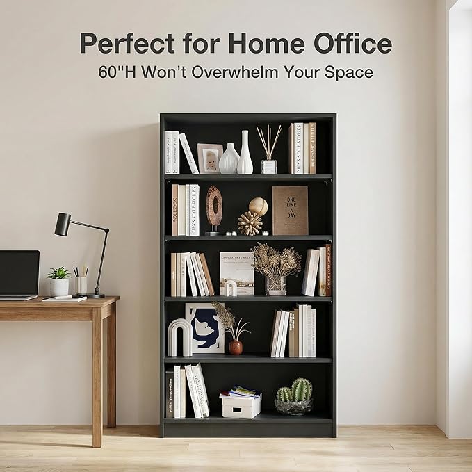 5 Tier Wooden Bookshelf, 60" H Tall Book Shelf with Adjustable Shelves, 33" Wide Bookshelf for Home Office, Living Room