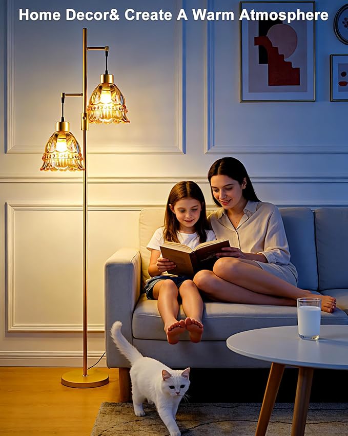Lightdot 65IN Glass Floor Lamp for Living Room, 2- Light Gold Flower Floor Lamps with Brown Glass Lampshade, 3000K Warm White Modern Standing Tall Lamp for Bedroom Corner