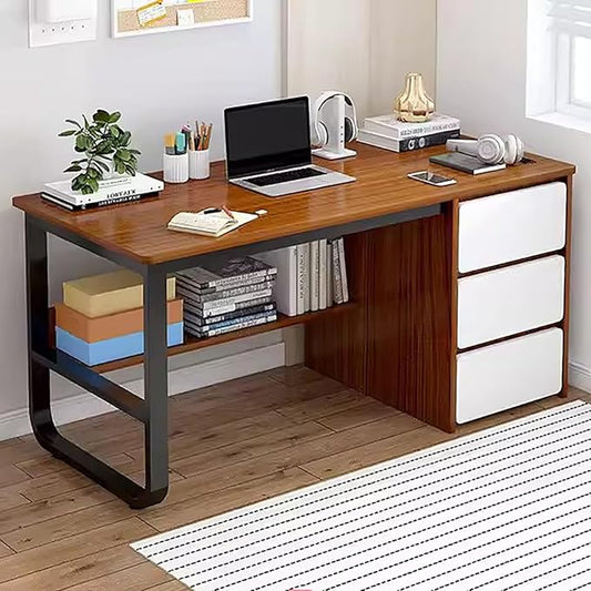 Computer Desk with Drawers & Storage Shelves,Modern Home Office Desk Study Desk Writing Desk for Bedroom,Wooden Corner Desk Small Pc Table with Metal Base(39.5" W x 19.5" D x 29" H, Brown)
