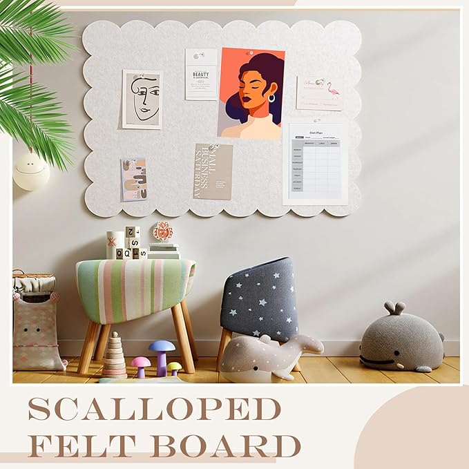 Scalloped Felt Bulletin Board 60 x 36 Inches Foldable Beige Pin Cork Board Alternative for Wall, 5' x 3' Trifold Picture Vision Self Adhesive Bulletin Decorative