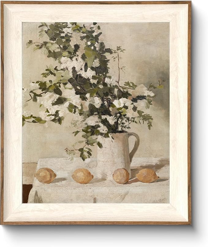 ASTRDECOR Framed Vintage Wall Art, Farmhouse Wall Decor White Flowers Canvas Oil Painting, Vintage Kitchen Decor Floral Wall Art Lemon Botanical North Art Prints for Kitchen Bedroom - 10''x 12''